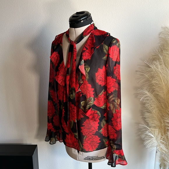 KEEPSAKE sheer red floral dark romance tie neck blouse - Picture 4 of 9